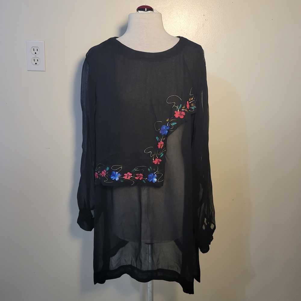 Vintage 80's 90's Women's Medium Black Sheer Tunic Dress w/ Hand painted Floral